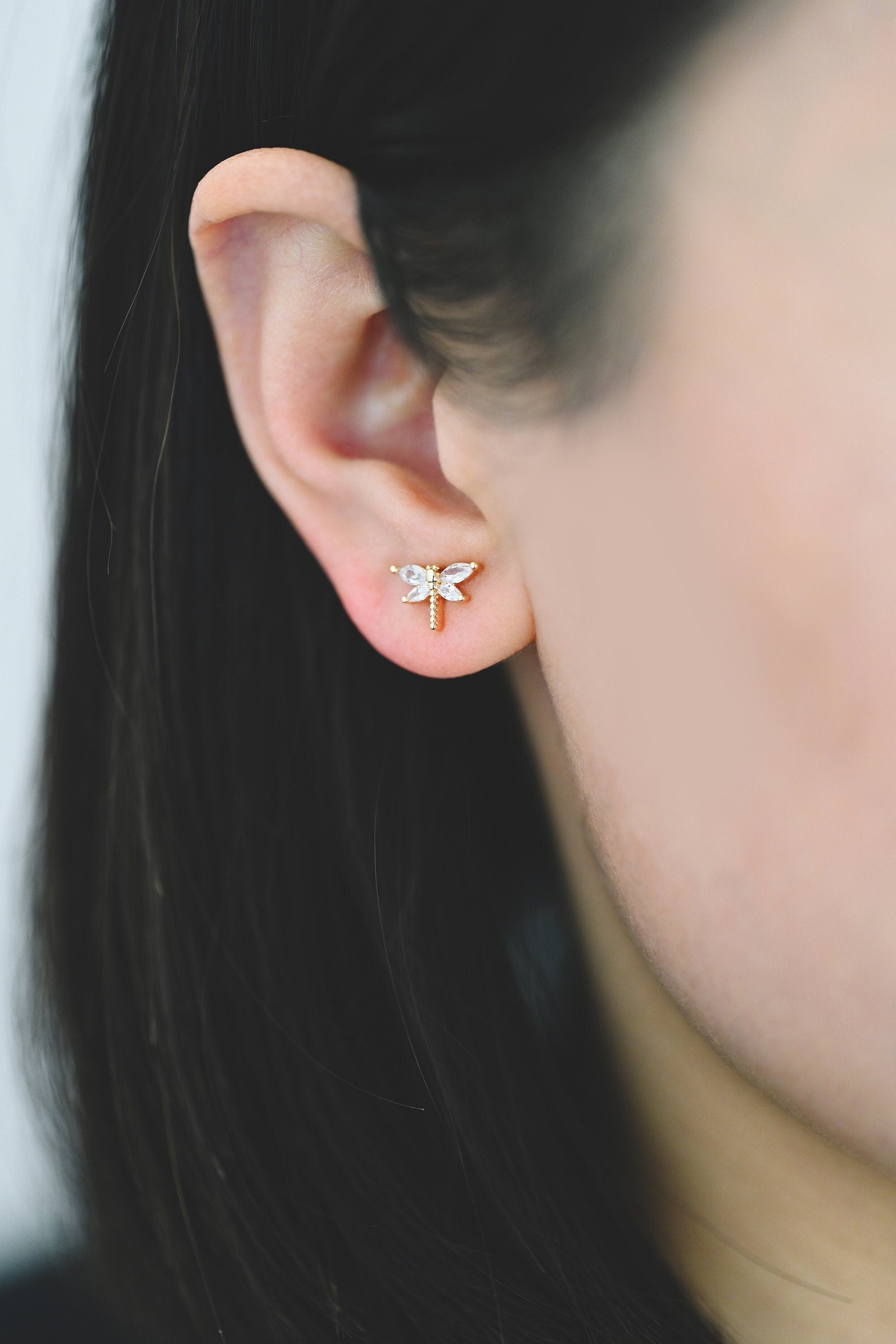 4pcs CZ Pave Gold Dragonfly Earring, Dianty Dragonfly Ear Studs, Jewelry Supplies (GB-4125)